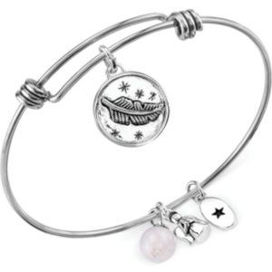 UNWRITTEN ANGEL CHARM AND ROSE QUARTZ ADJUSTABLE BANGLE BRACELET IN STAINLESS